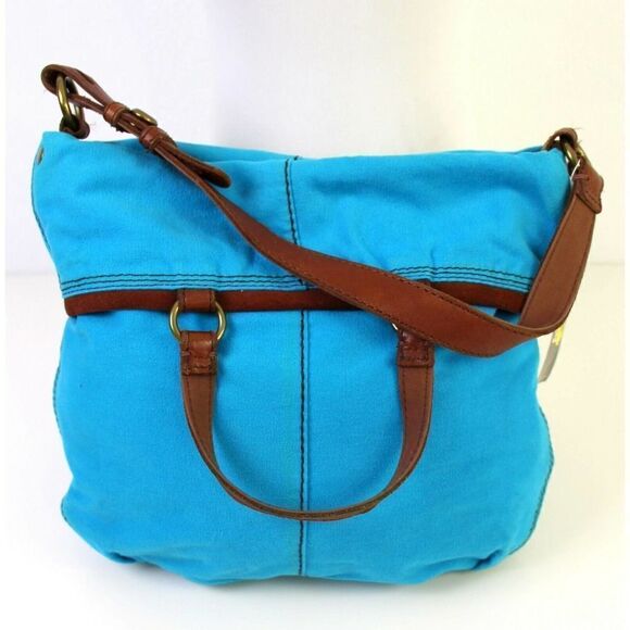 LUCKY BRAND BANDIT FOLDOVER BLUE COTTON BROWN LEATHER TOTE SHOULDER BAG HANDBAG - Picture 1 of 12